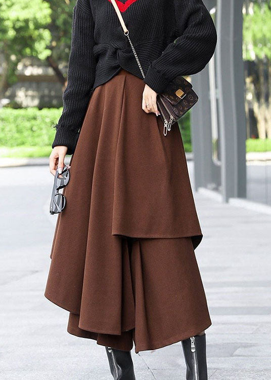 Brown Asymmetrical Patchwork Woolen Skirts Winter