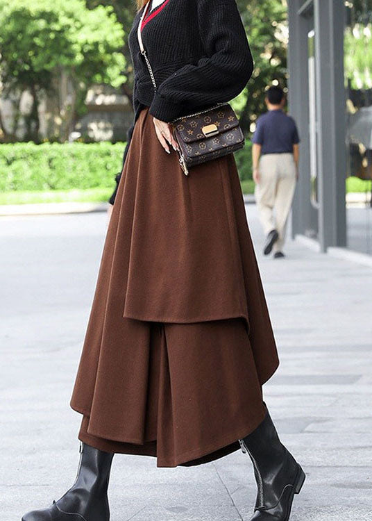 Brown Asymmetrical Patchwork Woolen Skirts Winter