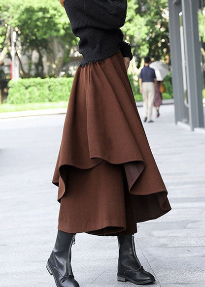 Brown Asymmetrical Patchwork Woolen Skirts Winter