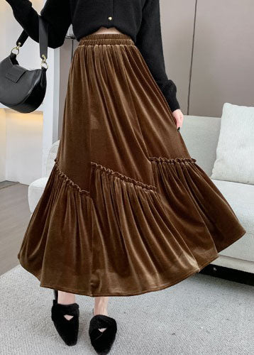 Brown Asymmetrical Wrinkled Silk Velvet Skirt Fall