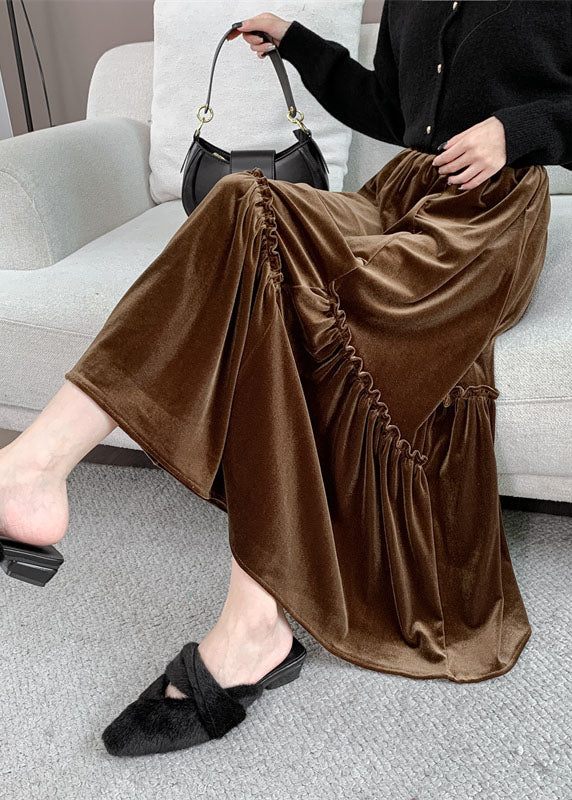 Brown Asymmetrical Wrinkled Silk Velvet Skirt Fall