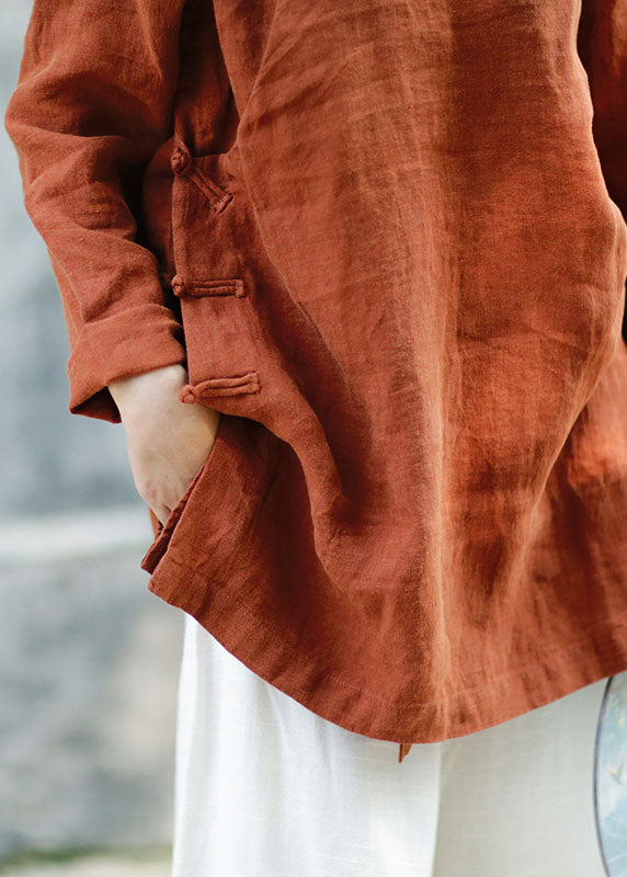 Plus Size Brown Button Linen Blouses Spring