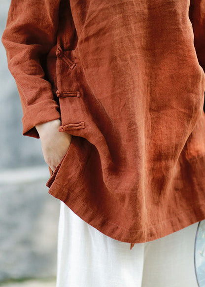 Plus Size Brown Button Linen Blouses Spring