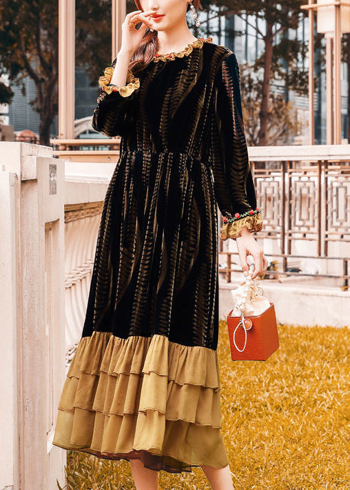 Brown Cinched Patchwork Ruffles Silk Velour Dress Spring