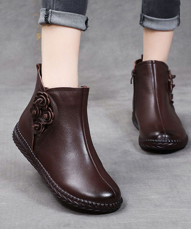 Brown Cowhide Leather Warm Fleece Boots Zippered Ankle Boots