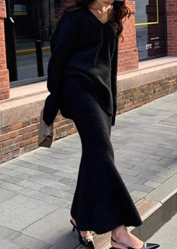 Brown Cozy Cotton Knit Sweaters and Maxi Skirts Two Pieces Set Spring