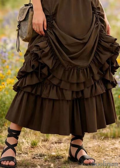 Brown Drawstring Ruffled Patchwork Cotton Skirt Spring