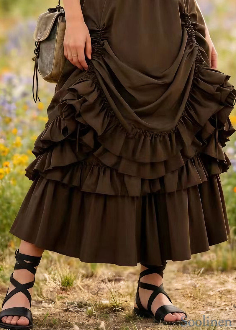 Brown Drawstring Ruffled Patchwork Cotton Skirt Spring