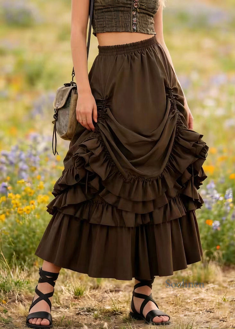 Brown Drawstring Ruffled Patchwork Cotton Skirt Spring