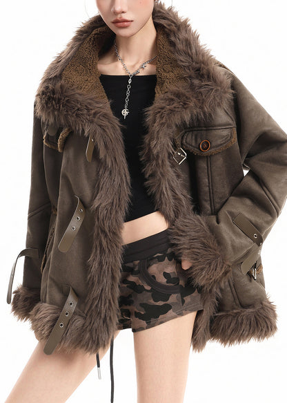 Brown Faux Fox Collar Patchwork Warm Fleece Trench Winter