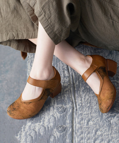 Brown High Heels Chunky Cowhide Leather Splicing High Heels