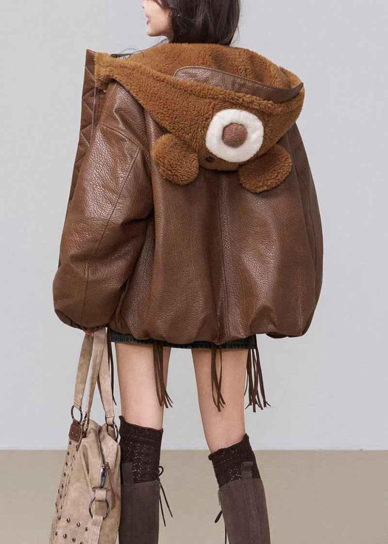 Brown Hooded Pockets Fluffy Faux Leather Winter