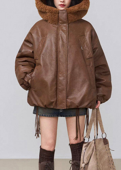 Brown Hooded Pockets Fluffy Faux Leather Winter