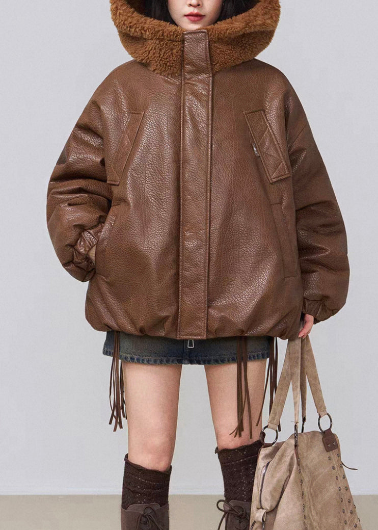 Brown Hooded Pockets Fluffy Faux Leather Winter