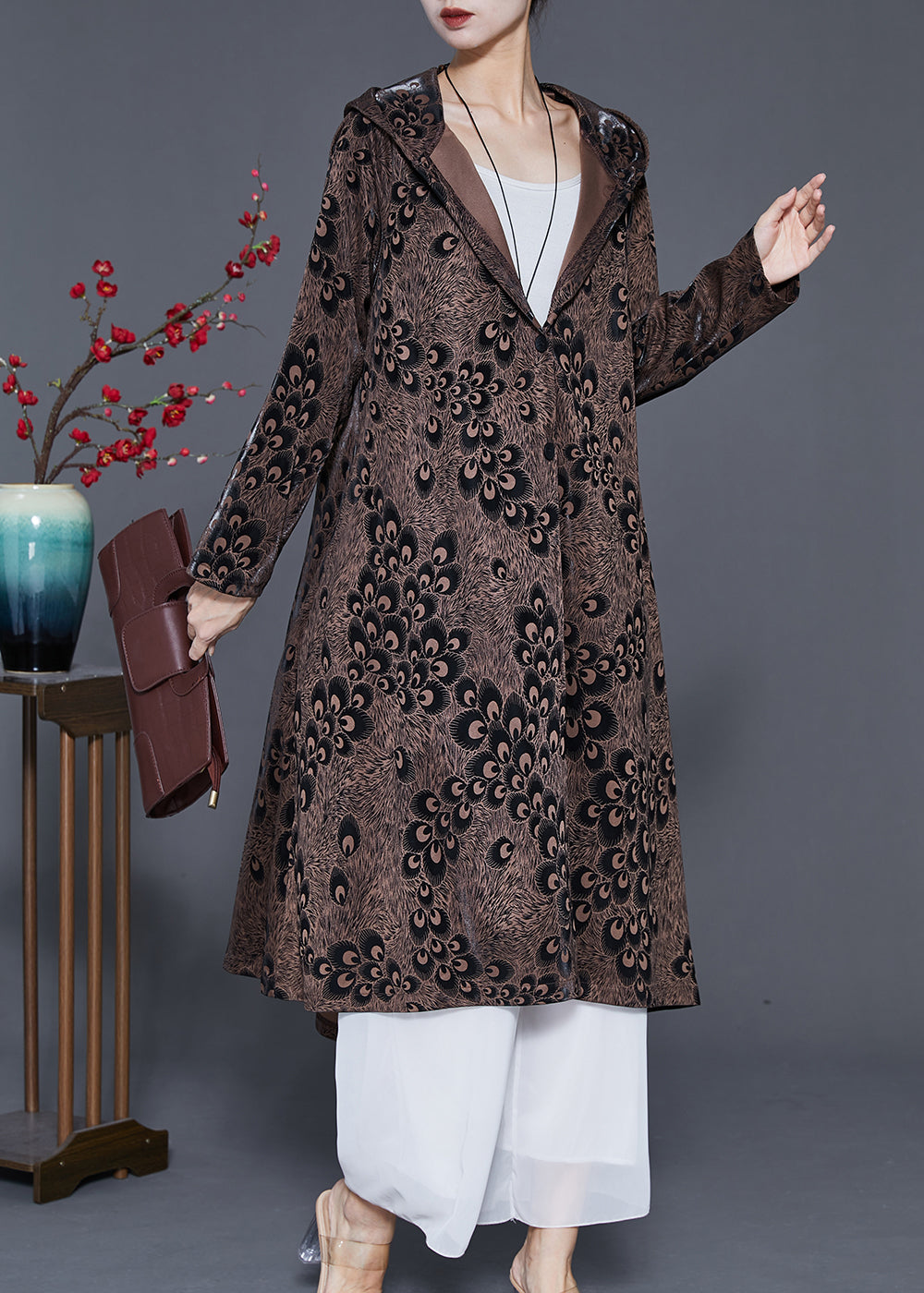 Brown Hooded Print Spandex Coat Outwear Spring