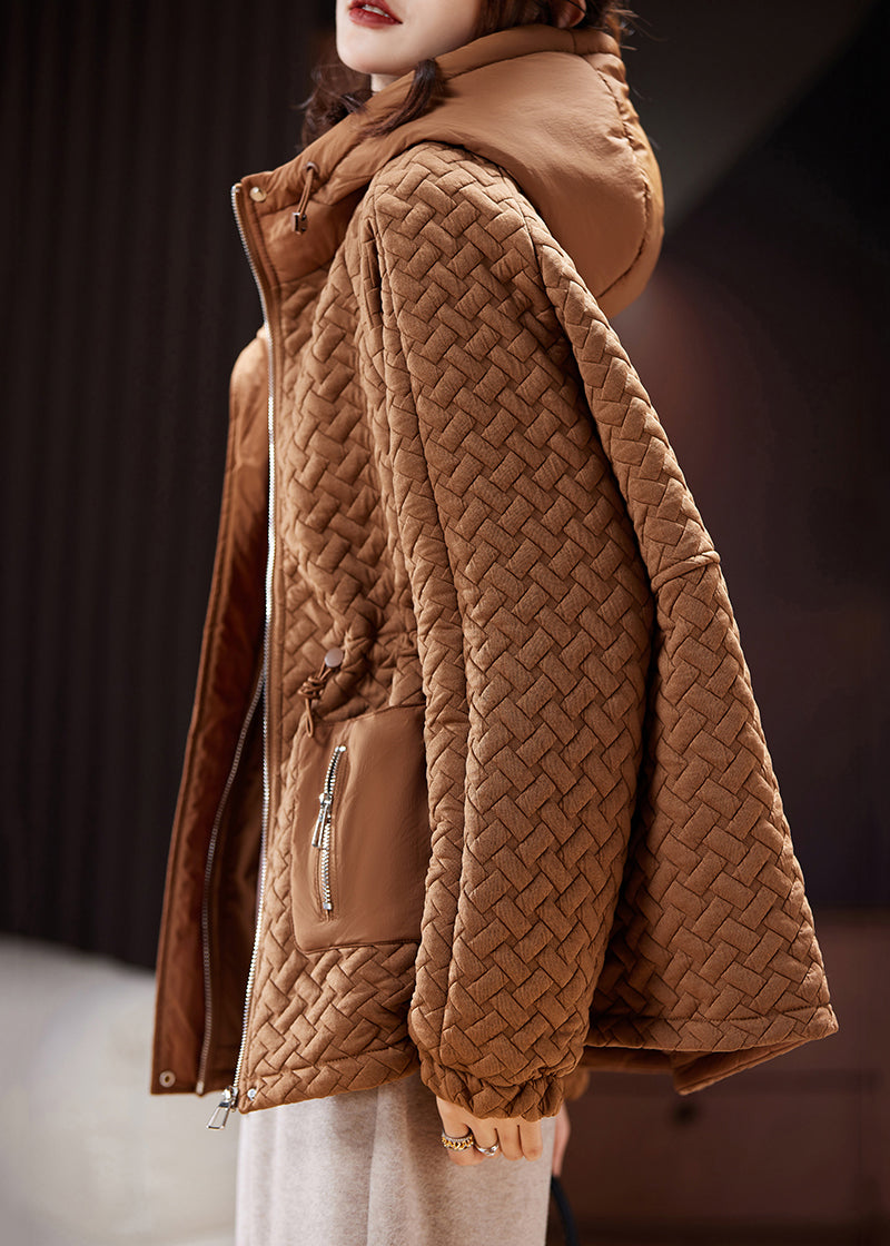 Brown Hooded Zip Up Cotton Filled Parka Long Sleeve