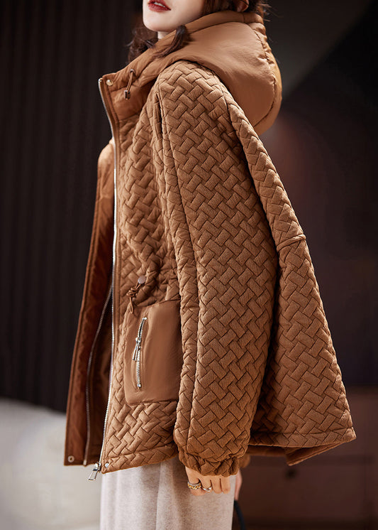 Brown Hooded Zip Up Cotton Filled Parka Long Sleeve