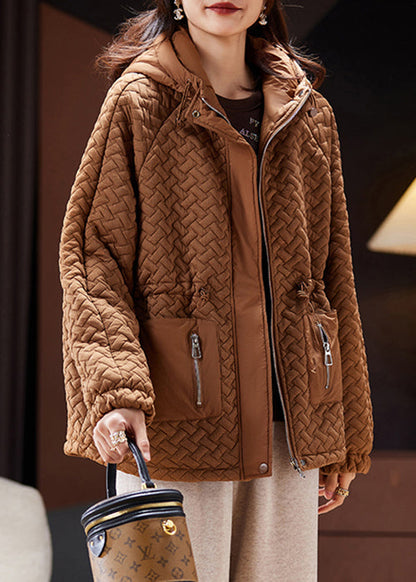 Brown Hooded Zip Up Cotton Filled Parka Long Sleeve