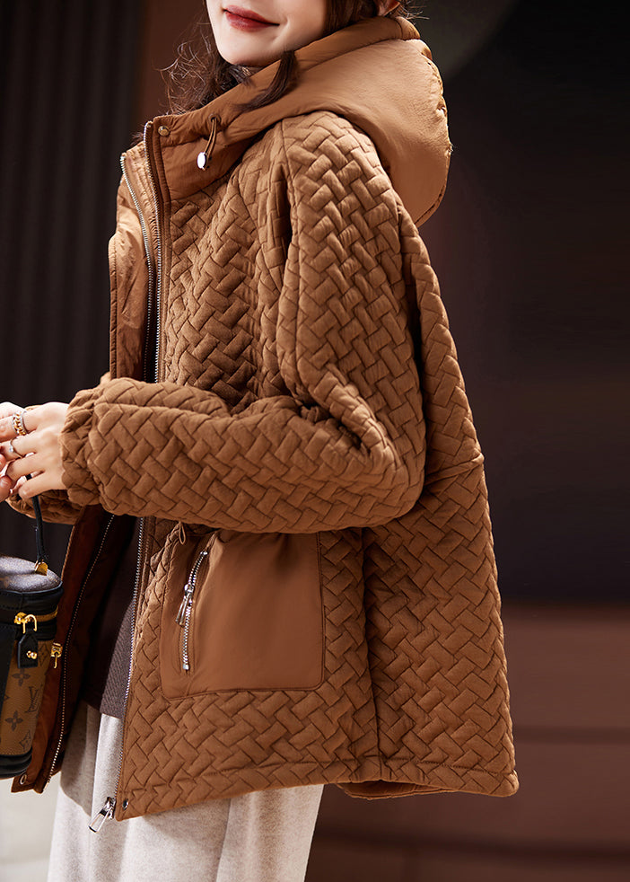 Brown Hooded Zip Up Cotton Filled Parka Long Sleeve