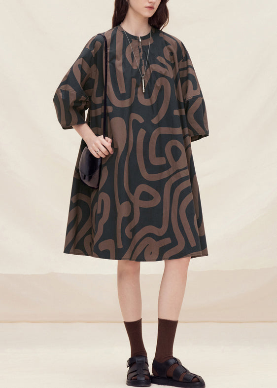 Brown O Neck Print Cotton Mid Dress Lantern Sleeve