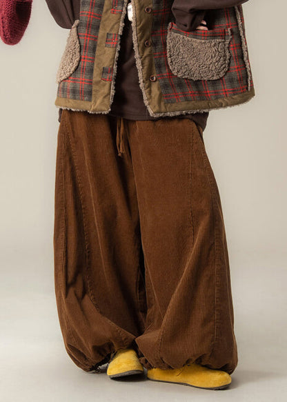 Brown Oversized Drawstring Corduroy Wide Leg Pants Spring