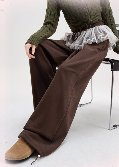 Brown Oversized Patchwork Lace Warm Fleece Pants Spring