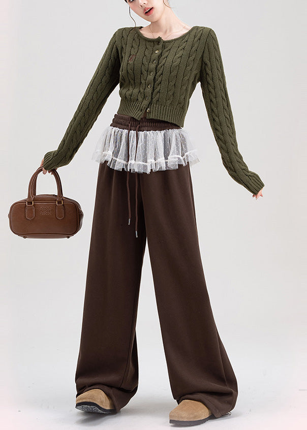 Brown Oversized Patchwork Lace Warm Fleece Pants Spring