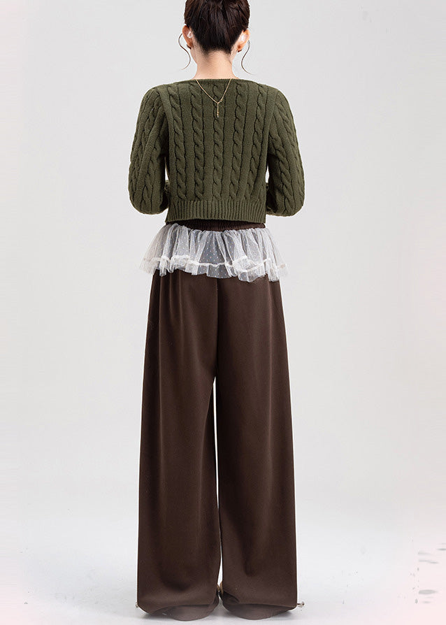 Brown Oversized Patchwork Lace Warm Fleece Pants Spring