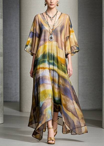 Brown Oversized Print Chiffon Maxi Dress Summer
