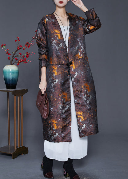 Brown Oversized Print Cotton Filled Silk Coat Outwear Spring
