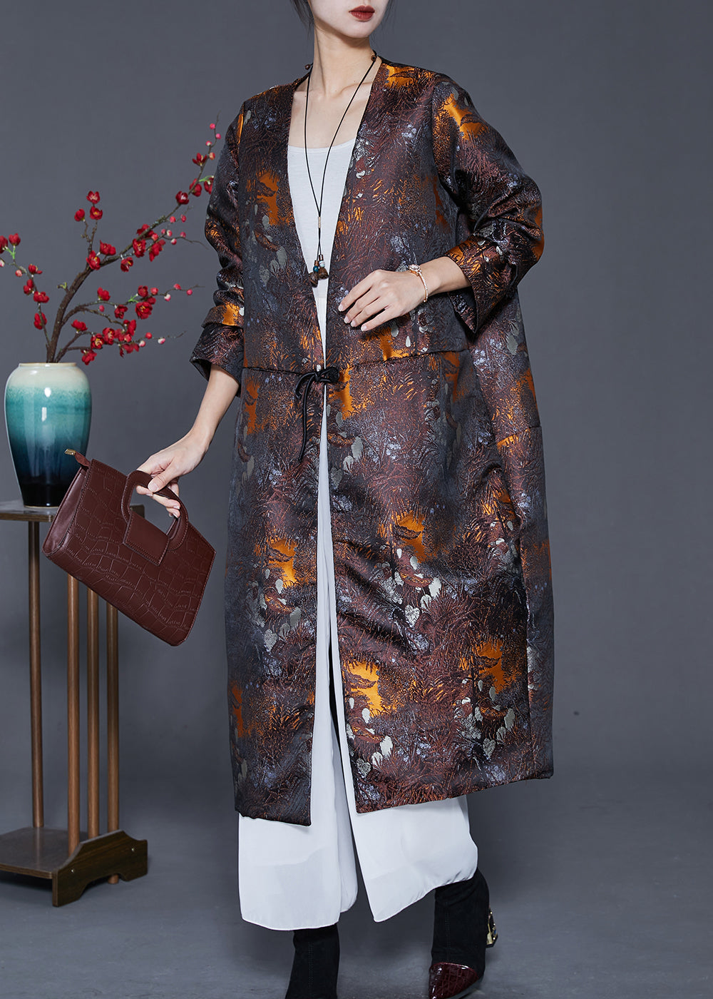 Brown Oversized Print Cotton Filled Silk Coat Outwear Spring