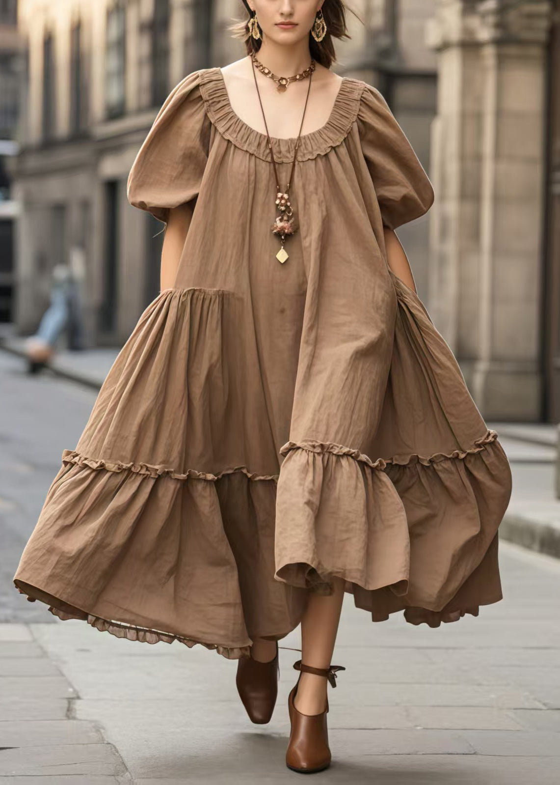 Brown Oversized Ruffled Vacation Dresses Lantern Sleeve