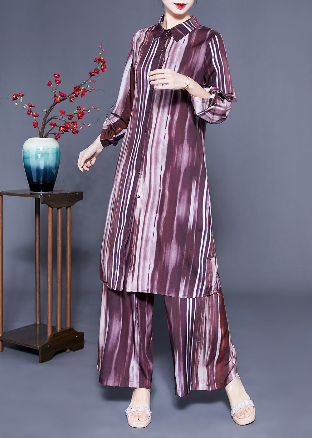 Brown Peter Pan Collar Tie Dye Silk Long Shirt and Straight Pants Two Pieces Set Spring