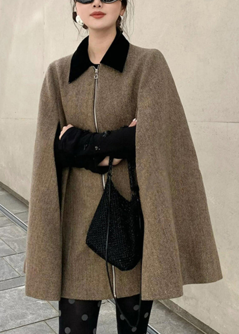 Brown Peter Pan Collar Zippered Woolen Coats Spring