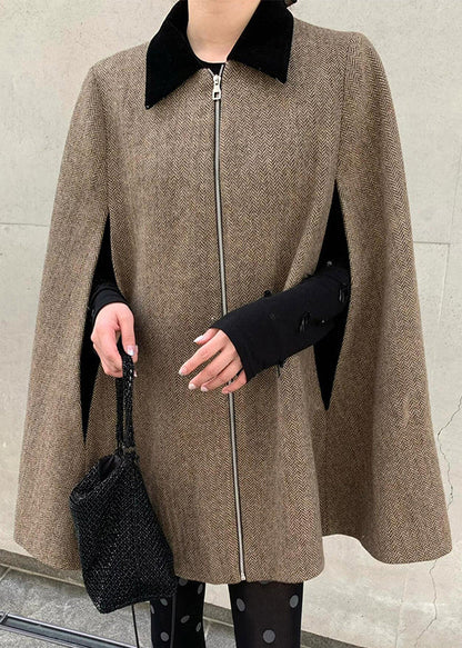 Brown Peter Pan Collar Zippered Woolen Coats Spring
