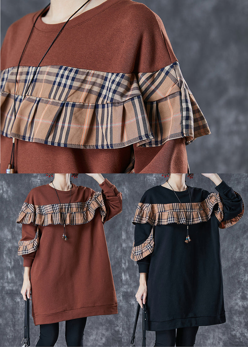 Brown Ruffled Patchwork Cotton Sweatshirts Dress Fall