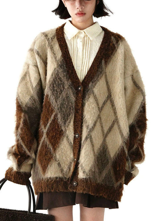 Brown V Neck Plaid Warm Fleece Knit Cardigans Winter