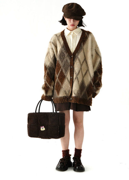 Brown V Neck Plaid Warm Fleece Knit Cardigans Winter