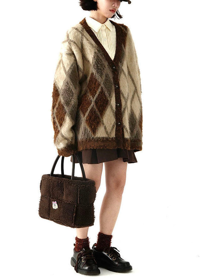 Brown V Neck Plaid Warm Fleece Knit Cardigans Winter