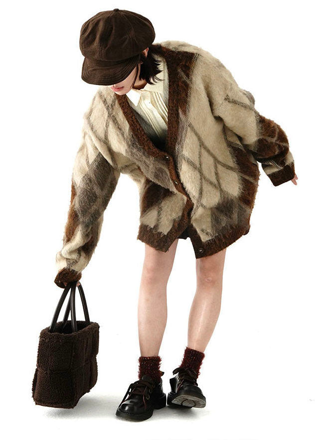 Brown V Neck Plaid Warm Fleece Knit Cardigans Winter