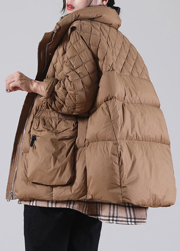 Brown Zip Up Pockets Duck Down Winter Coats
