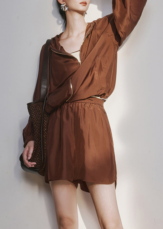 Brown Zippered Cinched Hooded Upf 50+ Coat and Shorts Two Pieces Set Summer