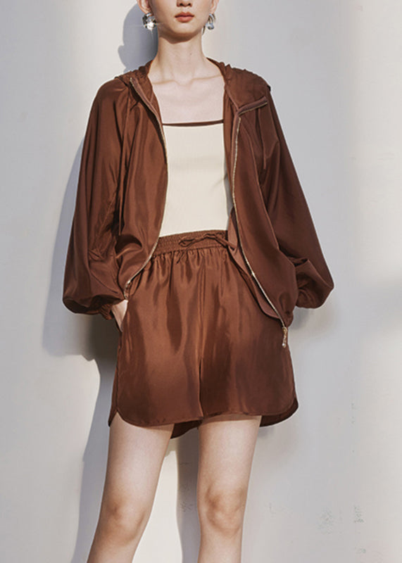Brown Zippered Cinched Hooded Upf 50+ Coat and Shorts Two Pieces Set Summer