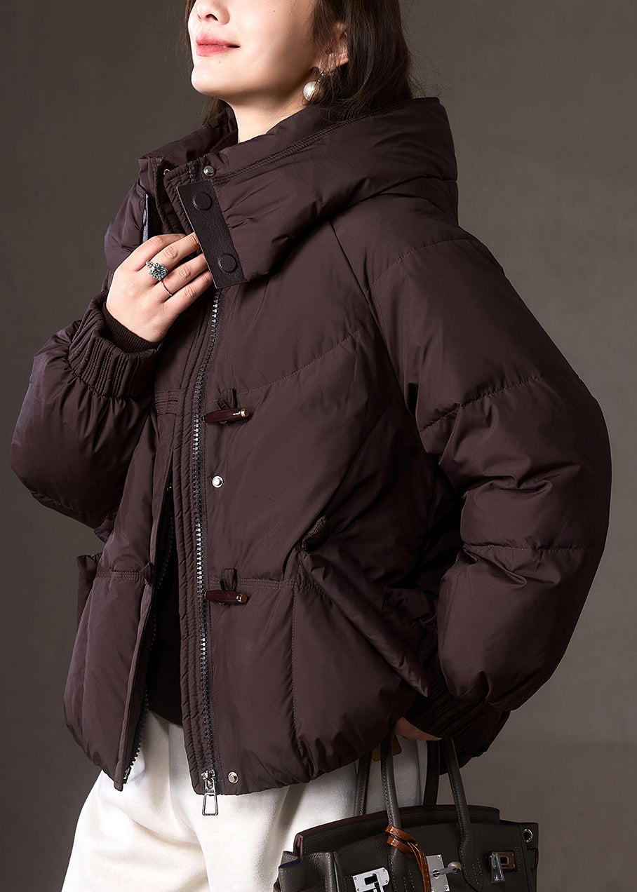 Brown Zippered Pockets Patchwork Hooded Down Coat Winter