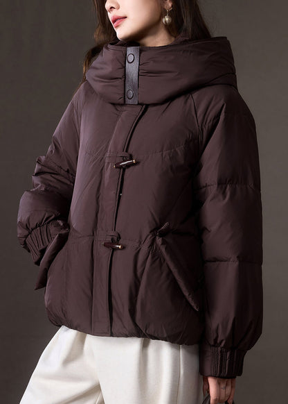 Brown Zippered Pockets Patchwork Hooded Down Coat Winter