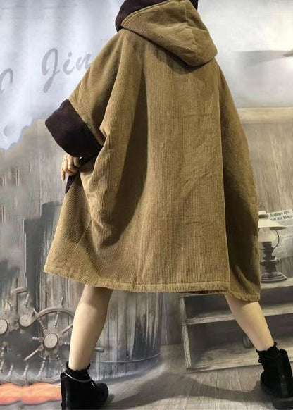 Camel Hooded Pockets Patchwork Corduroy Warm Fleece Coat Winter