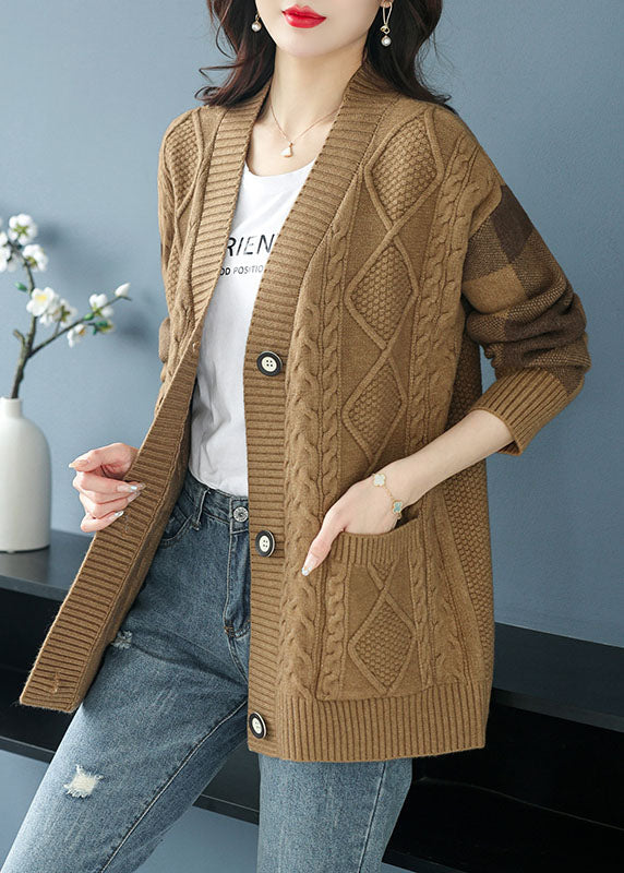 Camel V Neck Pockets Button Patchwork Knit Cardigan Fall