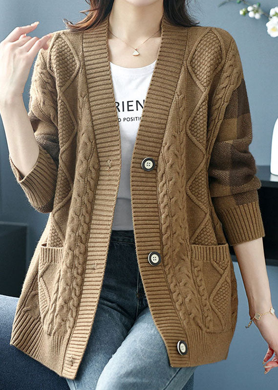 Camel V Neck Pockets Button Patchwork Knit Cardigan Fall