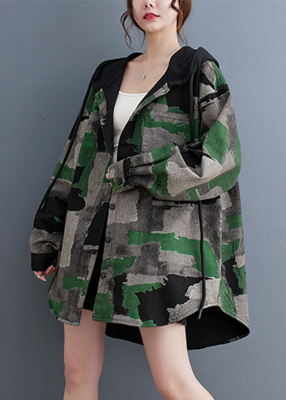 Camouflage Print Wrinkled Hooded Coats Long Sleeve