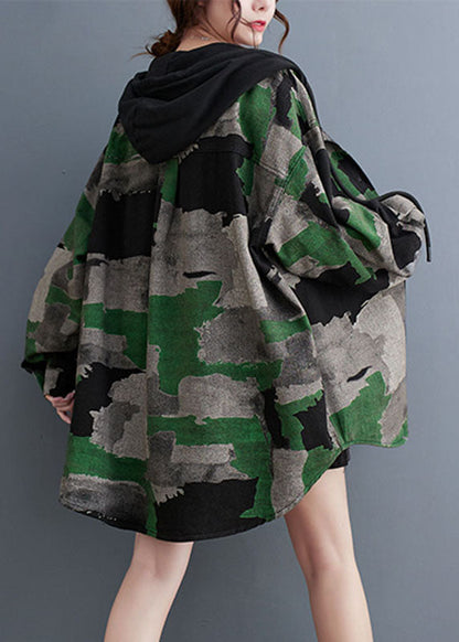 Camouflage Print Wrinkled Hooded Coats Long Sleeve